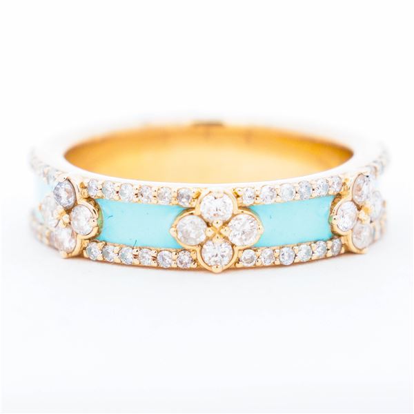 14KYG .60ctw Diamond & Turquoise Enamel Alhambra Band sz 7