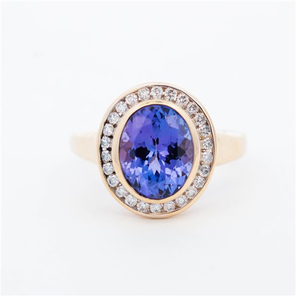 14KYG 2.34ct Bezel Set Tanzanite & Diamond Halo Ring, 6.75