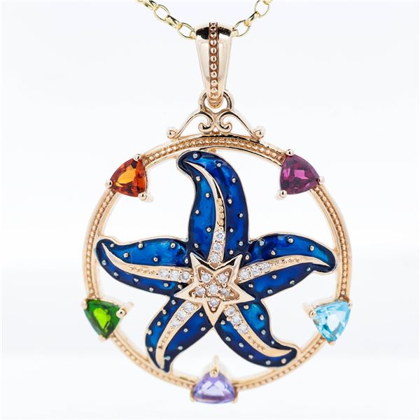 14KYG Enamel Starfish, Multigem & Diamond Enhancer Pendant/ Rolo 20"