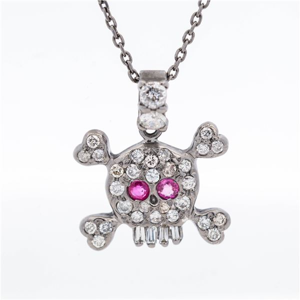 14KWG 0.50ctw Diamond & Ruby Skull Pendant Necklace 18"