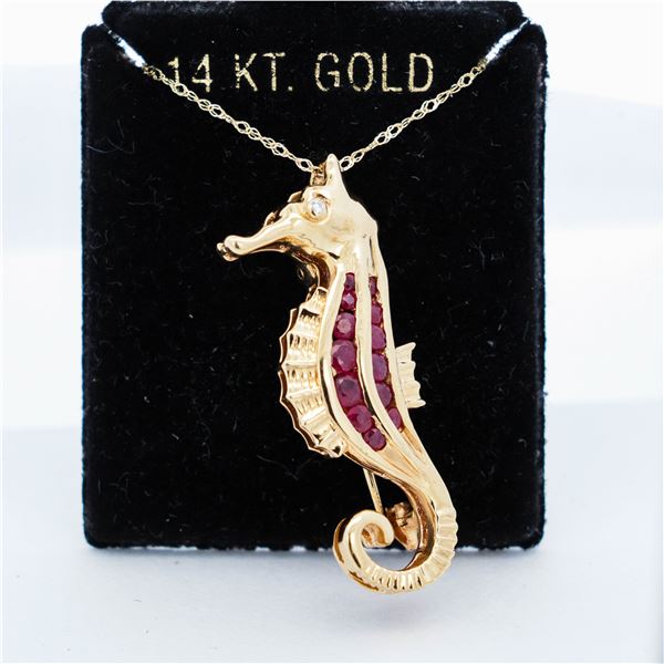 18KYG Ruby & Diamond Seahorse Brooch/Pendant Necklace, 18â€³