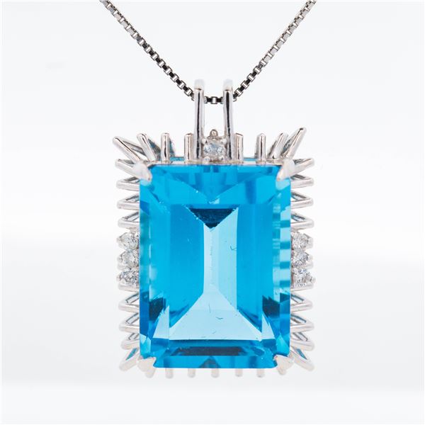18KWG/Pt850 Emerald-Cut Blue Topaz & Diamond â€œSunburstâ€ Pendant Neckla
