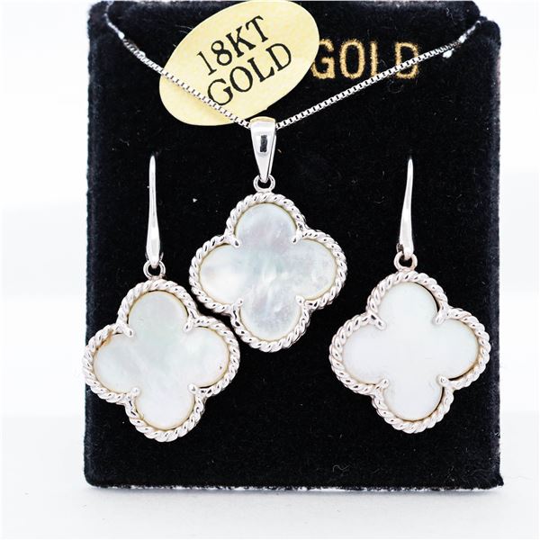 18KWG Mother-of-Pearl Quatrefoil Pendant & Drop Earring Set, 18"
