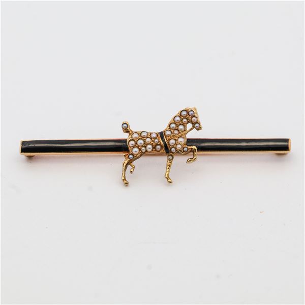 Antique 1920s 12k gold seed pearl horse brooch