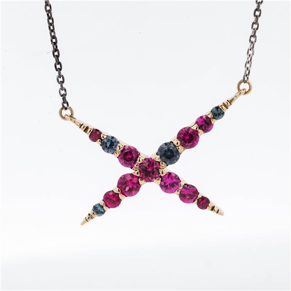 18KYG Green & Pink Garnet X-Motif Necklace 18"