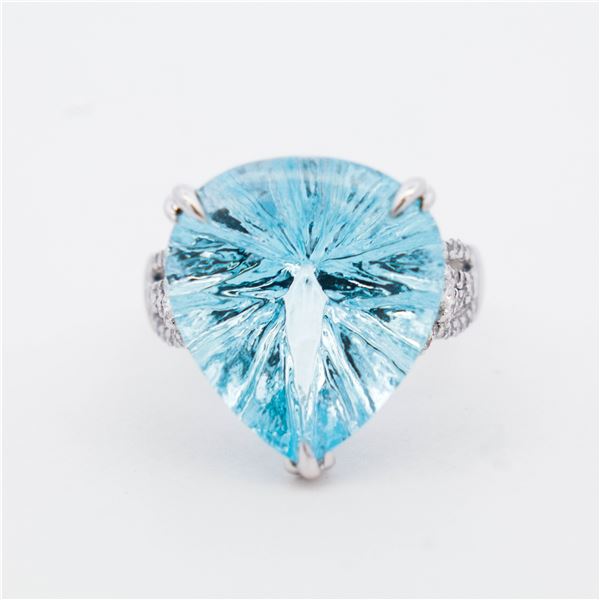 14KWG Laser Cut 16.60ct Sky Blue Topaz & Diamond Ring, 7
