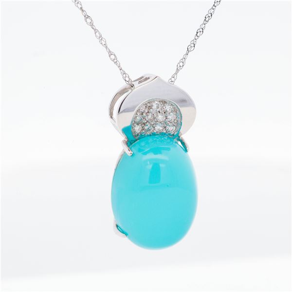 18KWG 11.37ct Blue-Green Chalcedony & Diamond Drop Pendant Necklace, 18"