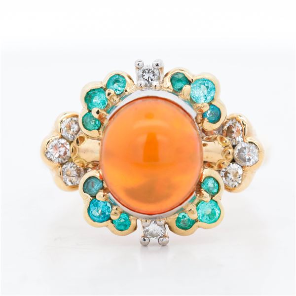 18KYG 4.03ct Fire-Opal, Paraiba Tourmaline & Diamond Cluster Ring, 8