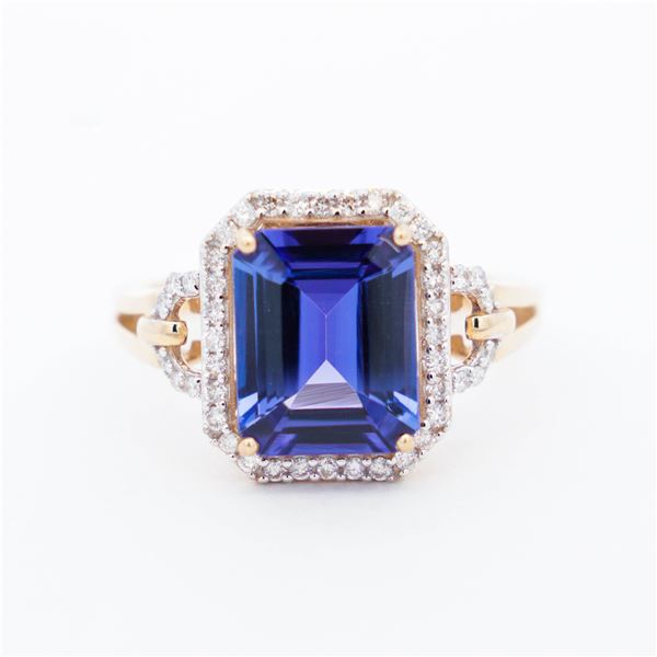 14KYG 3.27ct Emerald Cut Tanzanite & Diamond Ring, 7