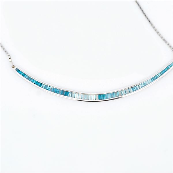 18KWG/Pt850 Fancy Blue Diamond Curved Bar Necklace 19.5"