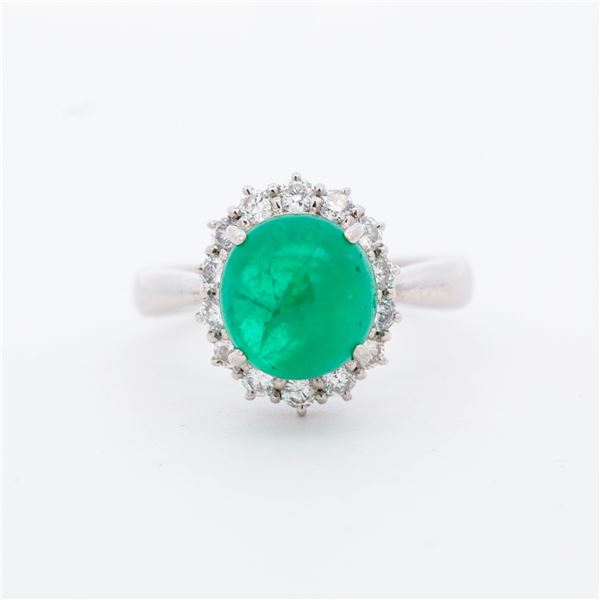 PT900 2.44ct Cabochon Emerald & 0.57ctw Diamond Halo Ring, 6.5