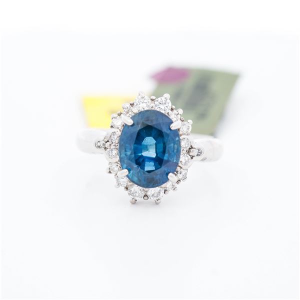 GIA Cert. Pt900 3.96ct Thai Sapphire & 0.33ctw Diamond Ring, 4.75