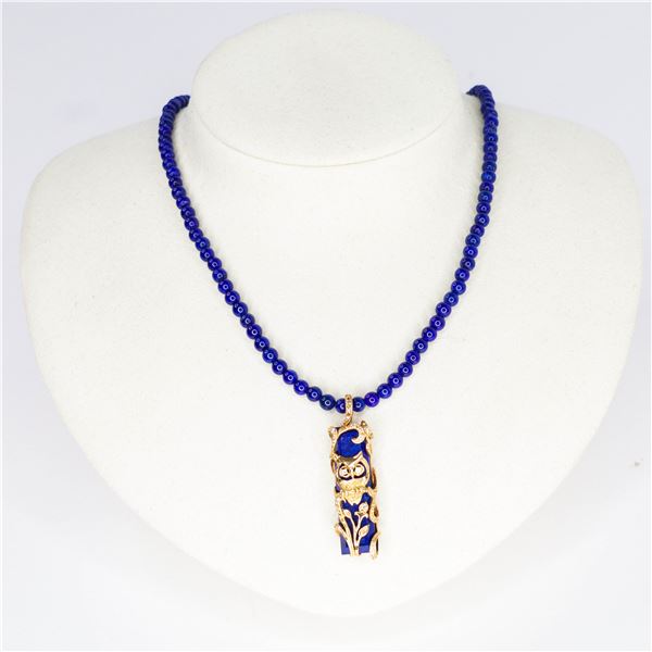 18KYG Lapis Lazuli Bead Strand w/18KYG & Diamond Owl Pendant 18"