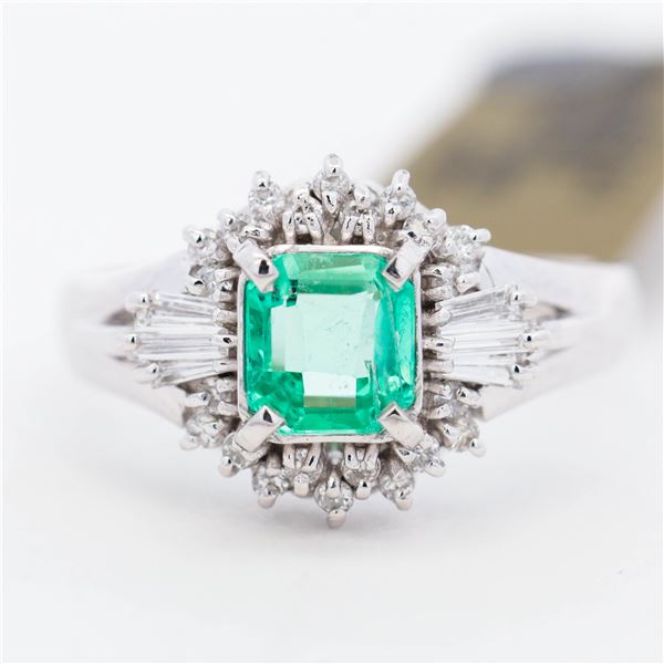 Platinum 0.75ct Emerald & 0.29ctw Diamond Ring, 5.5