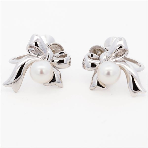 Mikimoto Sterling Silver Bow & 5.6mm Pearl Earrings