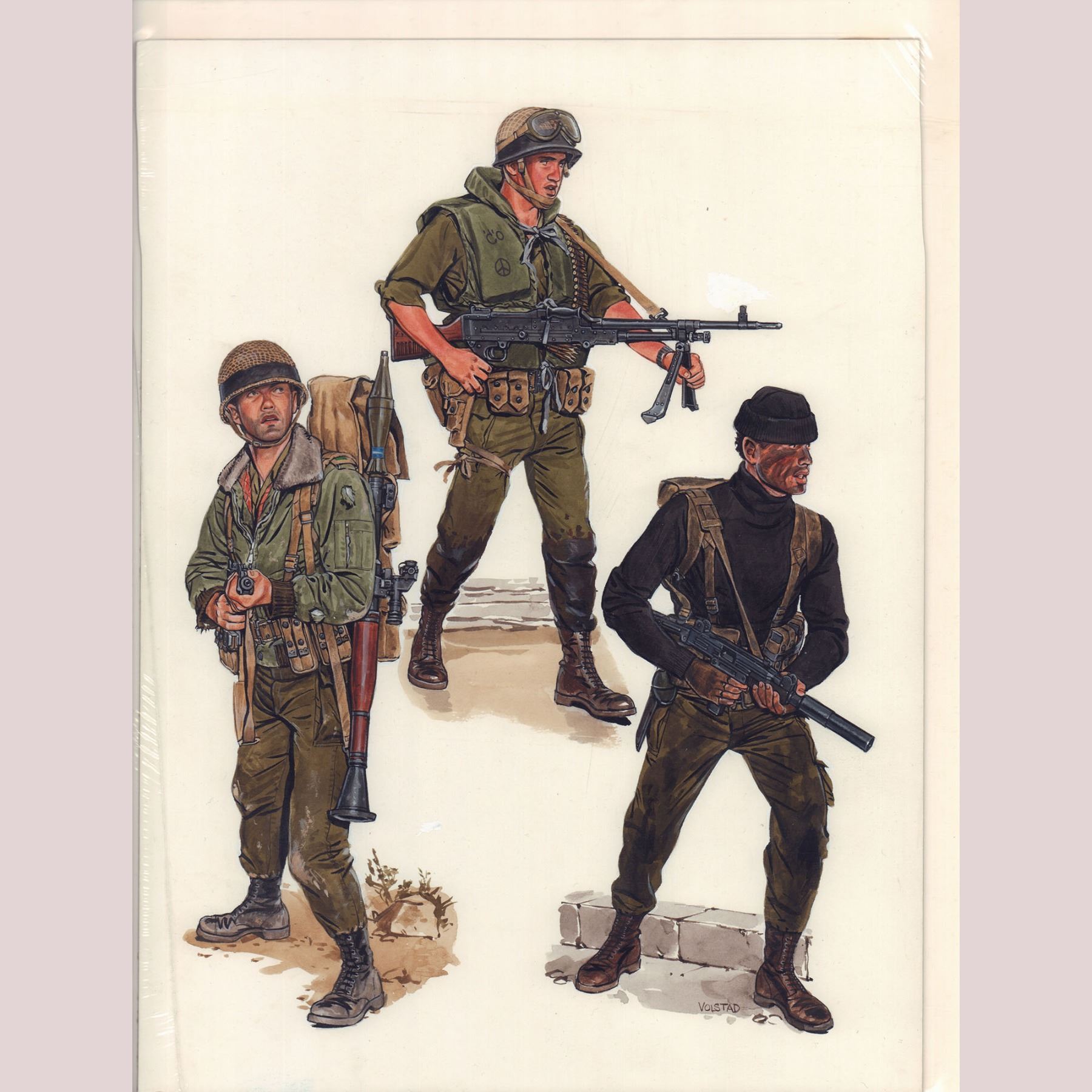 Ron Volstad Original Gouache on Board, Modern Infantry Soldiers, Signed