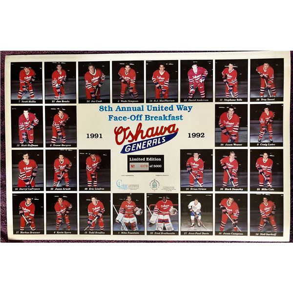 1991-92 OSHAWA GENERALS (OHL) UNITED WAY TEAM SET, FEATURING ERIC LINDROS (HOF)