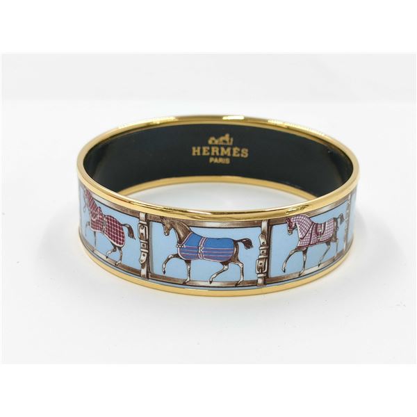 Hermes Blue Tones Horse Enamel Cloisonne Bangle with Box & Storage Pouch
