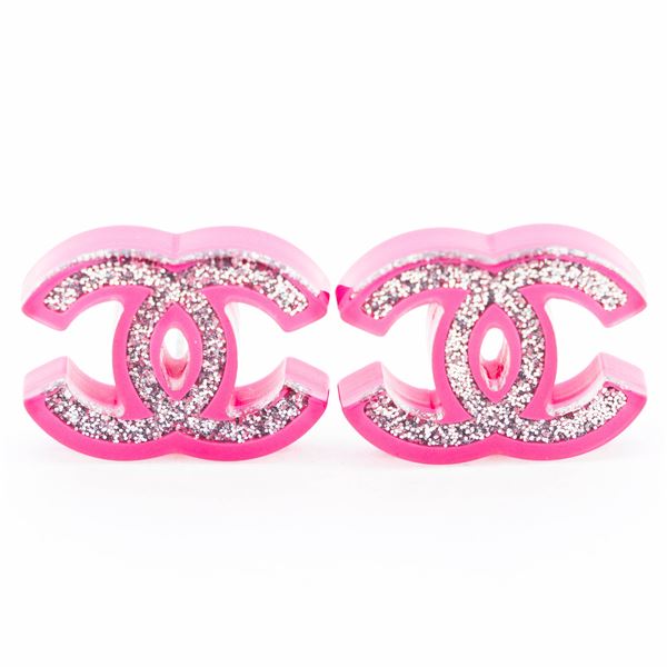 Chanel 18 C Pink & Silver CC Sparkle Resin Earrings