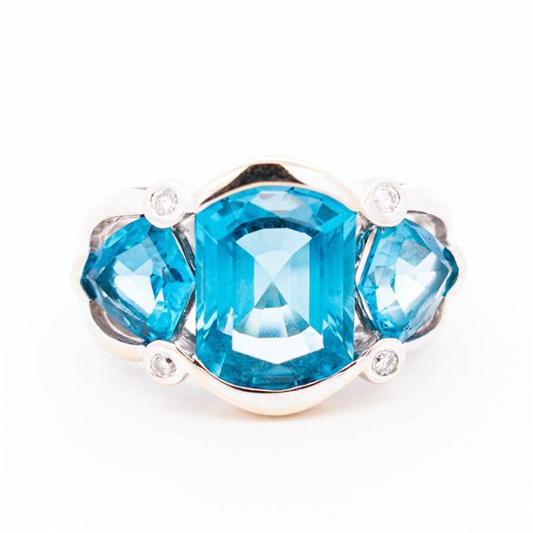 18KWG 7.34ct Blue Topaz & Natural Diamond Ladies Cocktail Ring, 7