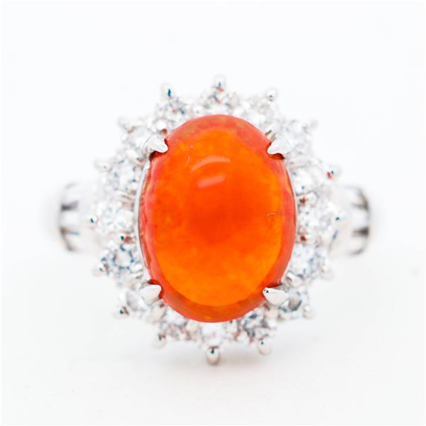 Pt900 3.01ct Fire Opal & 1.06ctw Natural Diamond Ring sz 5.75