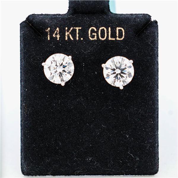 14KWG 4.00ctw Round Brilliant Diamond Solitaire Studs Lab 3 Prong