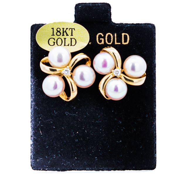 18K Yellow Gold Natural Diamond & Pearl Cluster Earrings