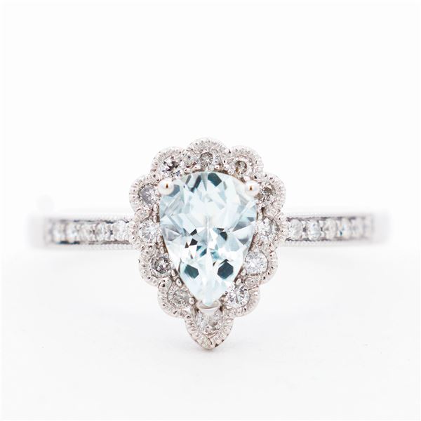 14KWG Dainty Scalloped Halo Ring w/ Natural Diamonds & Aquamarine, 7