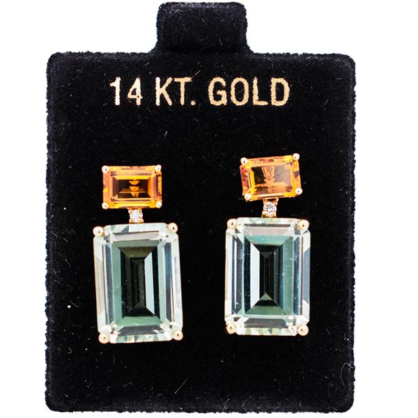 14KYG 17.10ct Green Amethyst & Citrine & Natural Diamond Earrings by Effy