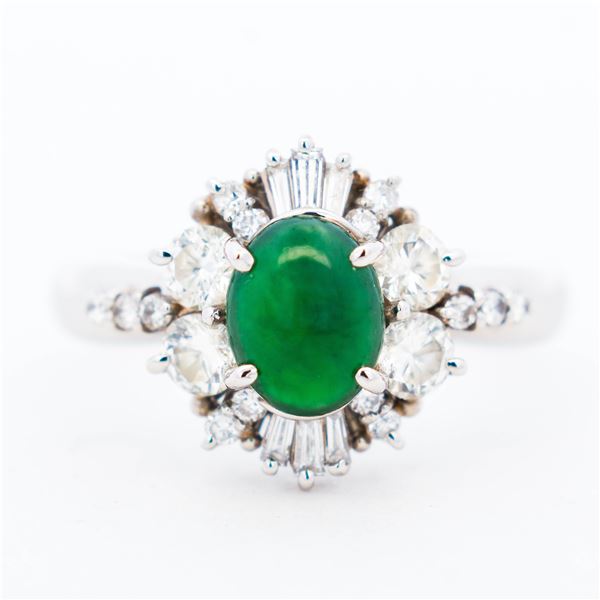 Pt900 0.88ctw Natural Diamond & Jade Ring sz 7.75