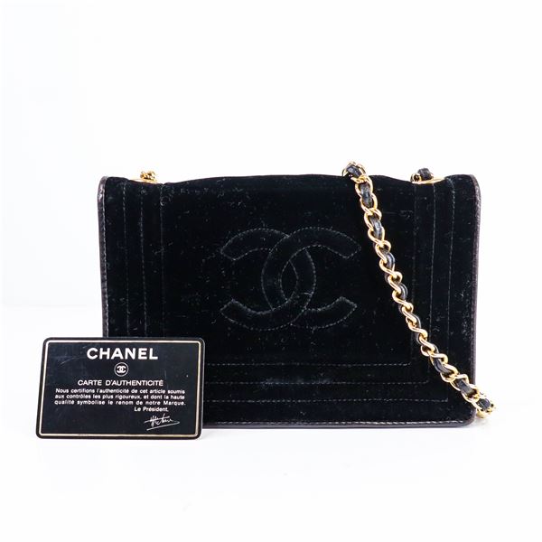 Chanel Black Velvet CC Shoulder Bag Gold Hardware, 1986-88, w/COA