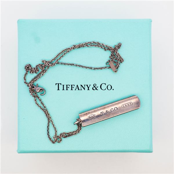 Tiffany & Co. Sterling Silver 1837 Bar Pendant Necklace w/Box & Pouch