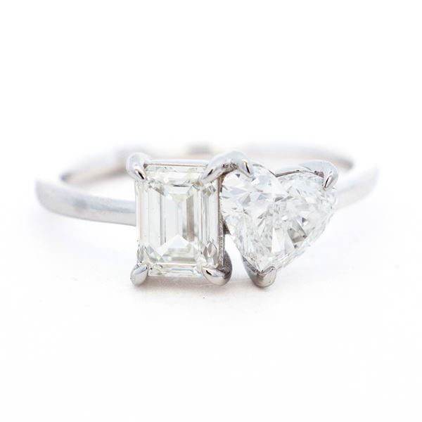 14KWG 2.00ct Toi Et Moi Emerald & Heart Cut Lab Diamond Ring, 7