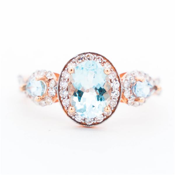 14K Rose Gold Diamond & Aquamarine Halo Ring, sz 7