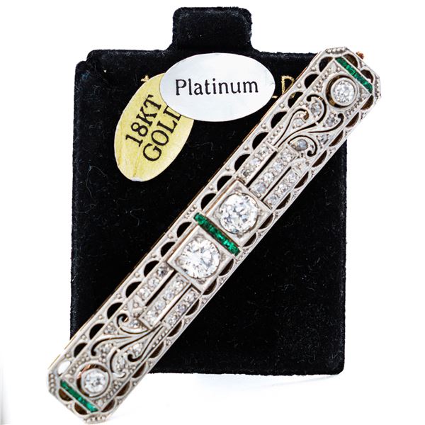 Period Art Deco Platinum & 18K 1.81ctw Natural Diamond & Emerald Bar Brooch
