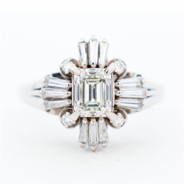 Platinum GIA .70ct Emerald Cut F-SI1 Blue Fluorescence 1.11ctw Natural Diamond Ring, 5