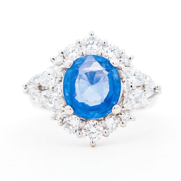 Pt900 GIA 3.31ct No Heat Sri Lanka Sapphire & 1.394ctw Natural Diamond Halo Ring, 4.5