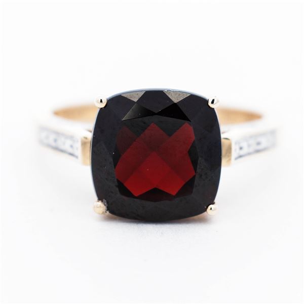14KYG Cushion Cut Garnet & Natural Diamond Filigree Ring, 7