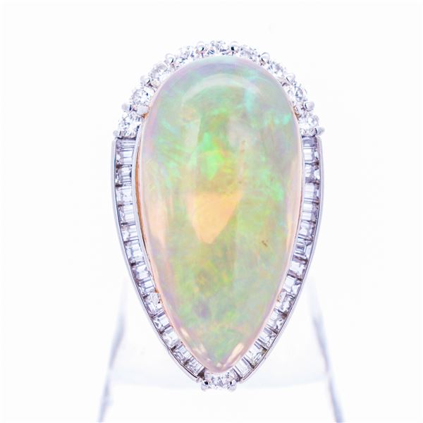 Pt900 23.20ct Pear Cabochon Opal & 2.03ctw Natural Diamond Cocktail Ring, 6.75
