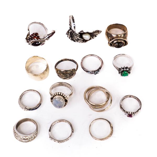 Estate Lot of 14 Vintage Sterling Silver & Gemstone Rings Stones Untested