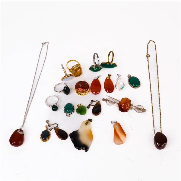 Estate Group Lot of Mid-Century Sterling Rings, Pendants, Etc. with Natural Stones, Jade, Agate, etc