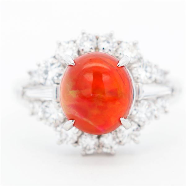 Incredible Estate Platinum Cabochon Fire Opal & Natural Diamond Halo Ring, 5.75