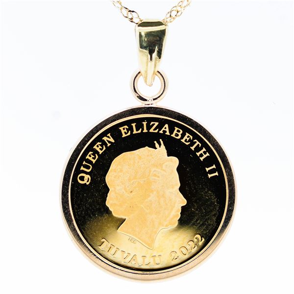 18K/24KYG Queen Elizabeth II 2022 1/25th Oz $3 Coin Necklace 18"