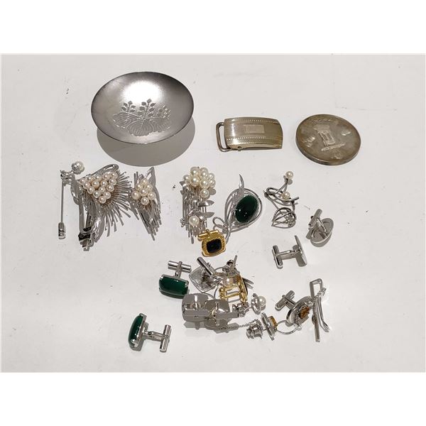 Sterling Silver Accessory Set 252.2 Grams Silver, Rare Coins, Cup, Buckle, Medal, Brooch etc.