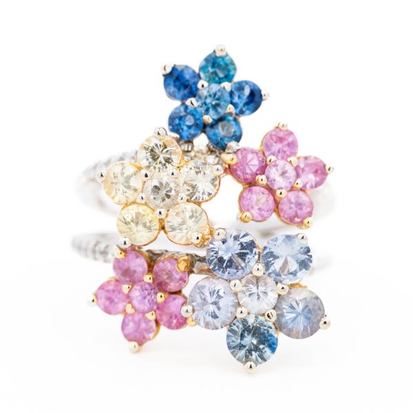 18K Gold All Natural 4.22ctw Multicolor Sapphire & 0.32ctw Diamond Garden-Cluster Ring, sz 6