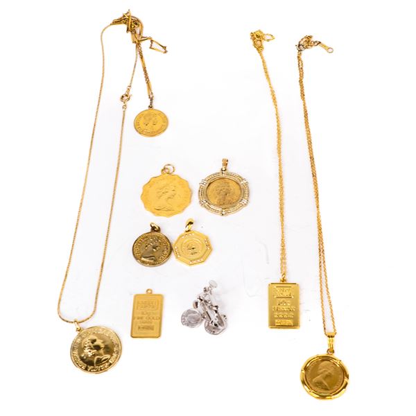 Collection of 10 Queen Elizabeth Coin / Credit Suisse Necklaces 64.3 Grams