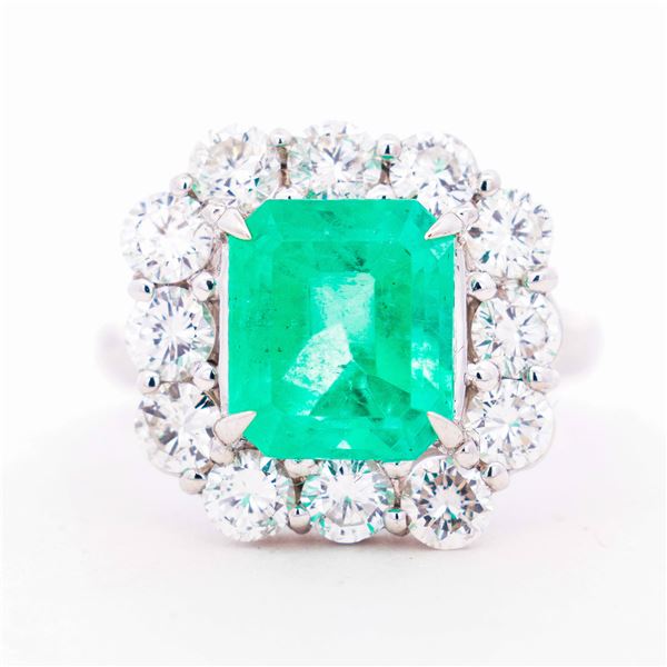 Pt950 GIA 4.05ct Colombian Emerald 2.11ctw Natural Diamond Halo Ring, 6.25