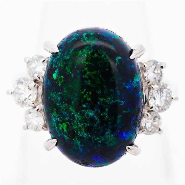 Platinum 900 Black Opal & Diamond Cluster Ring, sz 7.25