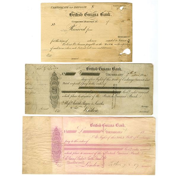 British Guiana Bank, 3 Proof Exchanges or Certificates of Deposit,  ca.1843 to 1907