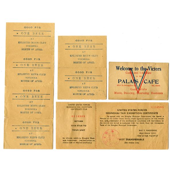 Shanghai, China. Palais CafŽ Card & Tax Exemption Certificate, ca.1930s Era Military Ephemer